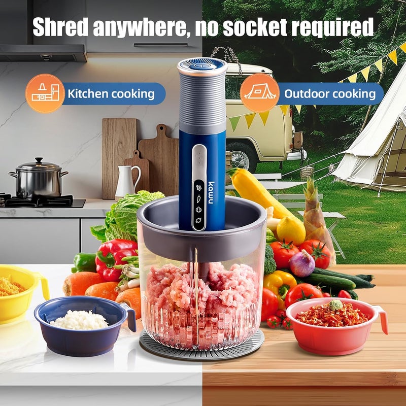 Kawu Electric Meat Grinder, Portable Food Vegetable Chopper with 1 Glass Bowl & Small Bowls, USB Rechargeable Mini Food Processor with Stainless Steel Blades, Meat Chopper Cutter for Home and Kitchen - Image 3